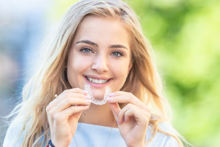 woman holding invisalign aligners
